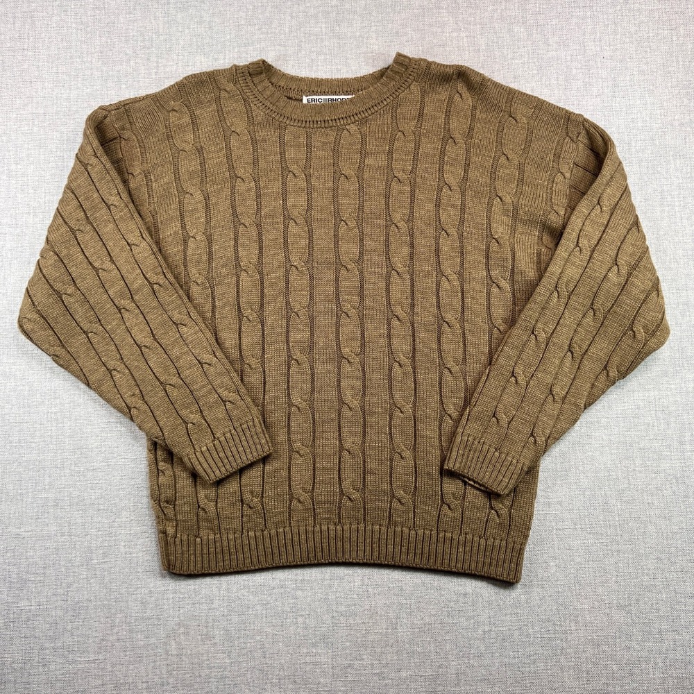 VTG 90s Eric Rhodes Fisherman Cable Knit Sweater Men M Acrylic Brown Cabin USA